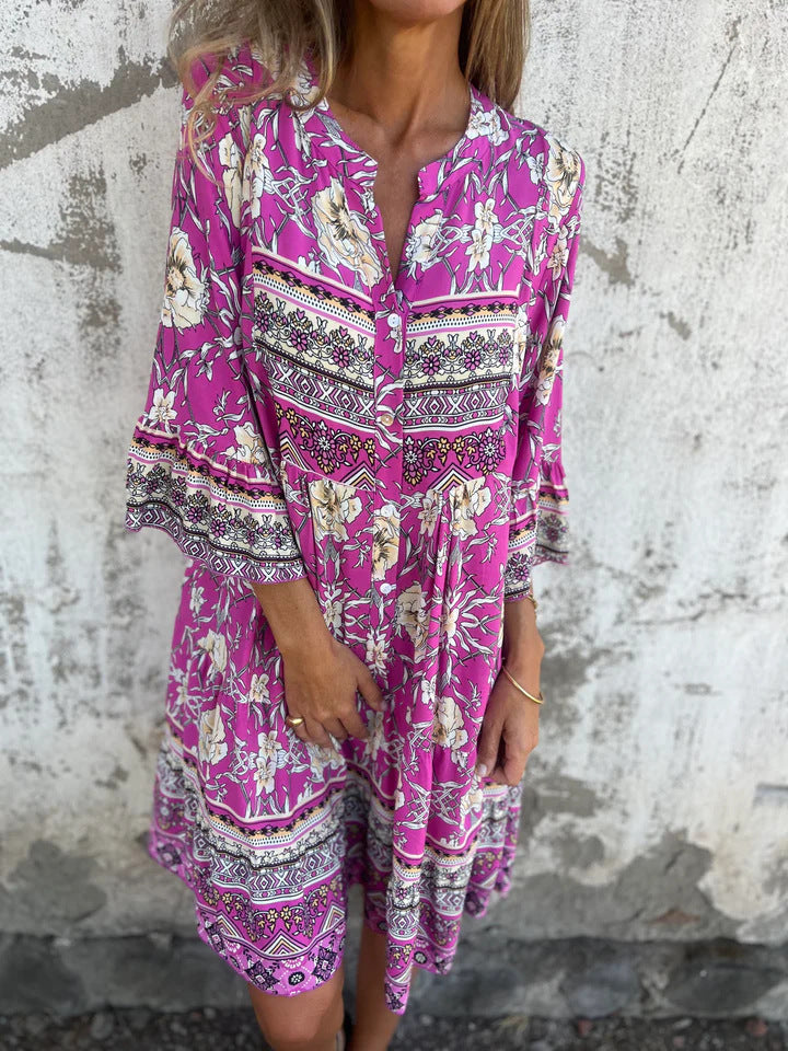 Dame Floral Print Knaplukning Mini Kjole Stilla