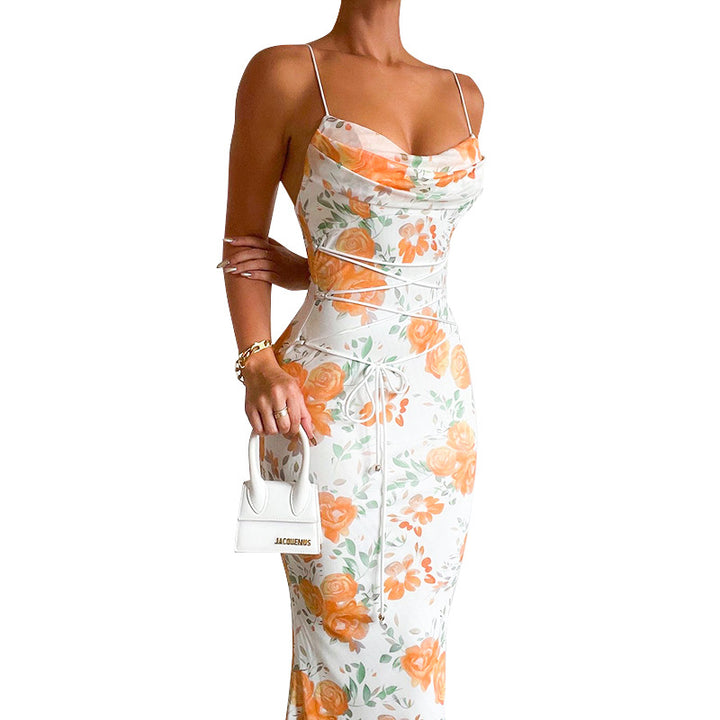 Dame Cowl-Neck Maxikjole med florale Bindebånd Stilla