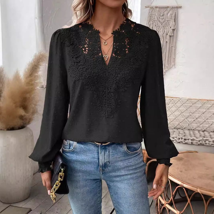 Dame elegant bluse med hulbroderi og voluminøse ærmer Stilla