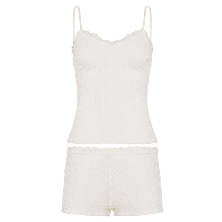Dame pyjamasæt med fine blonde detaljer og elastisk linning Skovae