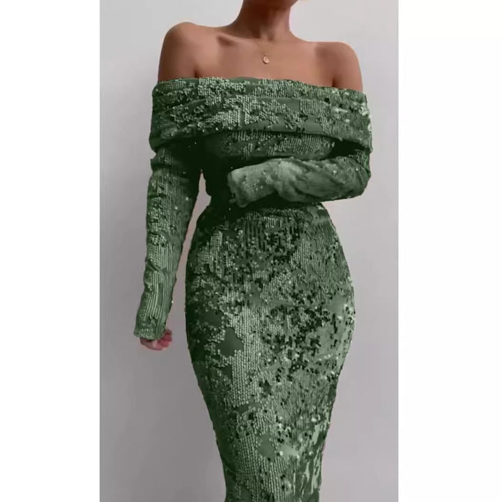 Kvindernes glamourøse aften kjole med glitrende perler og off-shoulder detalje