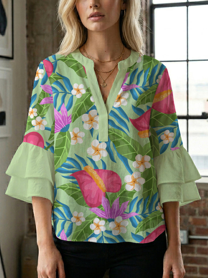 Dame elegant top med voluminøse flæsekanter og blomsterdesign Skovae