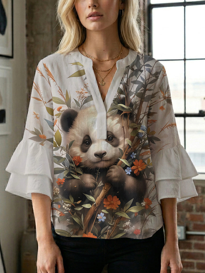 Dame Elegant top med volumiøse puffærmer og floraltryk Skovae