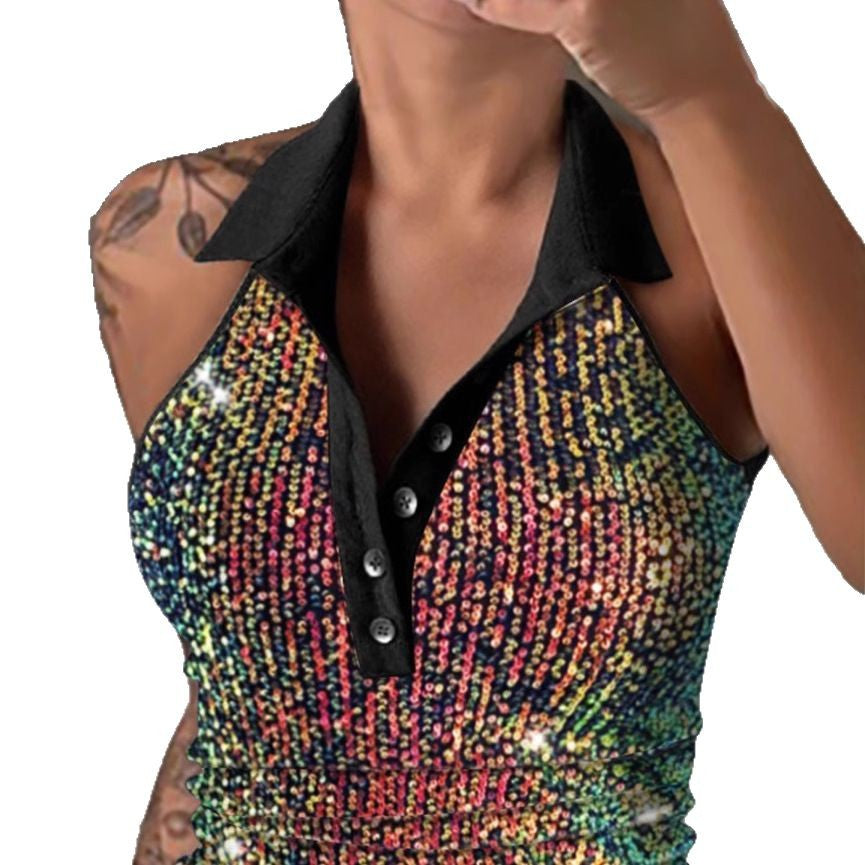 Dame Trendy Poloshirt med glitrende leopardmønster og moderne krave Stilla