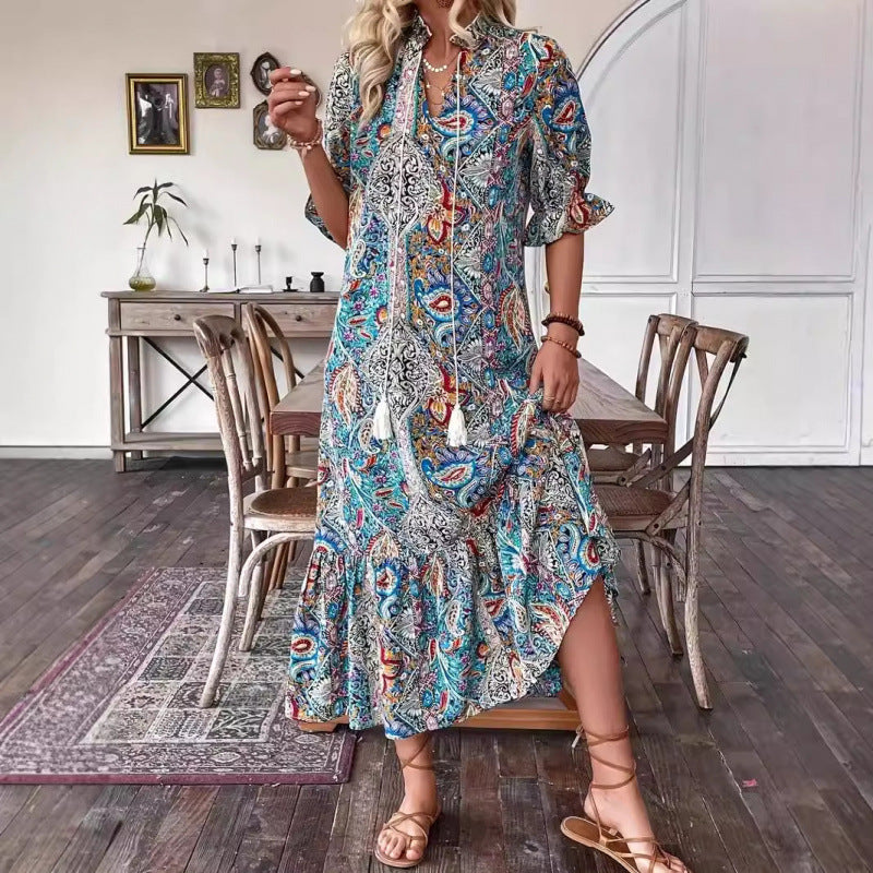 Femme bohemian-inspirerede maxikjole med flæsekant Stilla