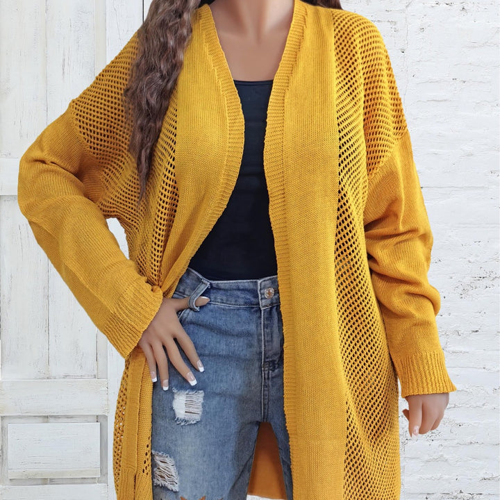 Dame løs strik-kimono med luftig netlook og sidelange slids Stilla