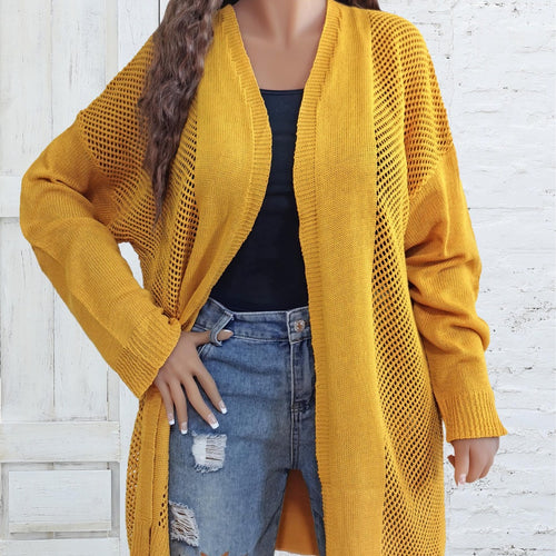 Dame løs strik-kimono med luftig netlook og sidelange slids Stilla