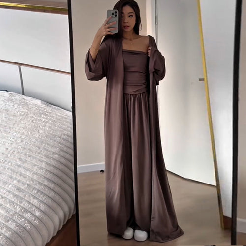 Dame elegant jumpsuit-sæt med lang cardigan og rynket overdel Stilla