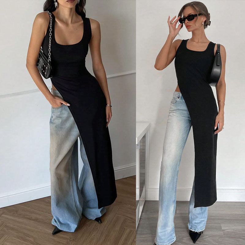 Dame Langærmet Graviditets-Tunika med asymmetrisk snit og stilfulde denim-elementer Skovae