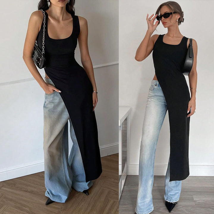 Dame Langærmet Graviditets-Tunika med asymmetrisk snit og stilfulde denim-elementer Skovae