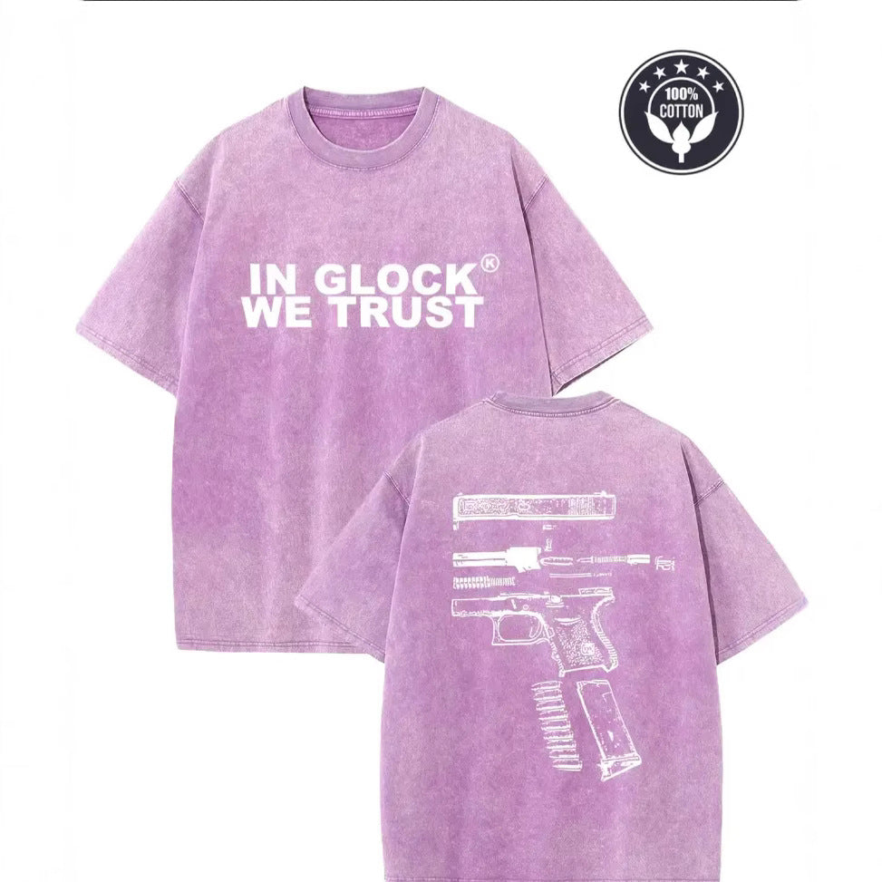 Dame T-shirt med grafisk gun-design og vintage-effekt Stilla