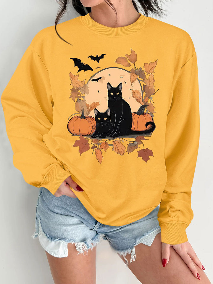 Dame sweatshirt med efterårs kat og græskar design Stilla