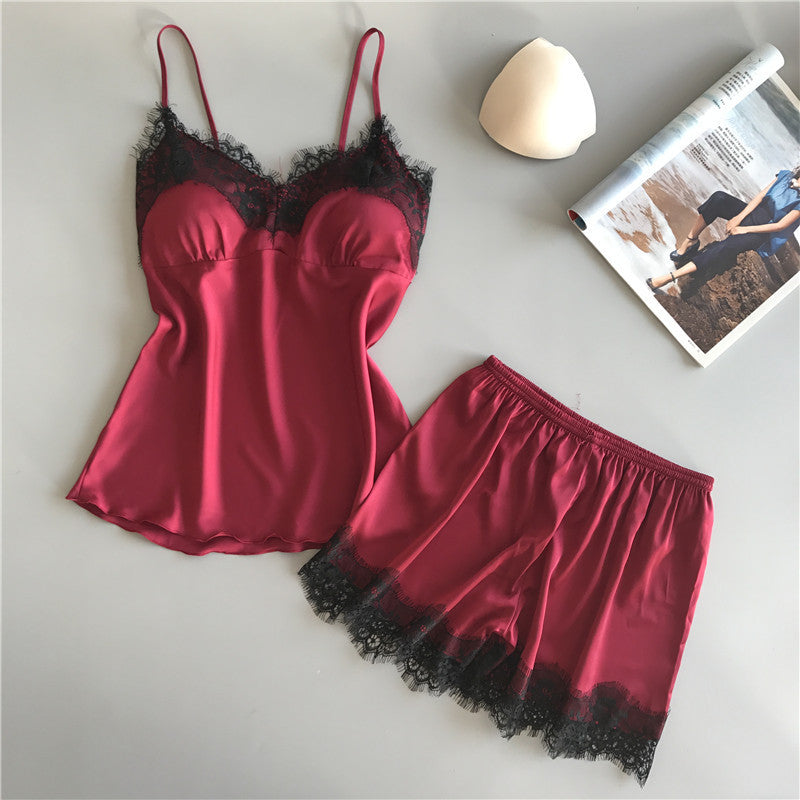Dame Elegant Satin Pyjama Sæt med Spids Kant Stilla