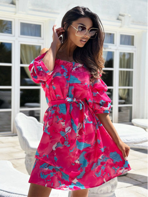 Dame Off-Shoulder Kjole med bindebånd i taljen og blomsterdesign Stilla