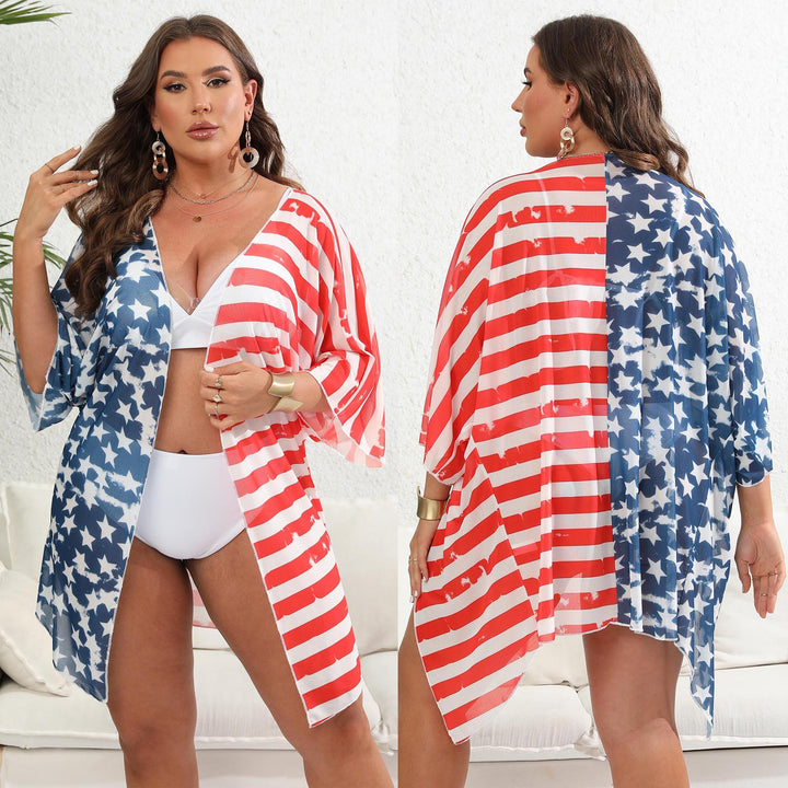 Dame Strandkimono med flaggemotiv og luftig struktur Stilla