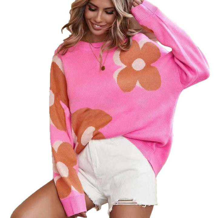 Kvinders chunky strikket sweater med levende blomster mønster og rund hals Stilla
