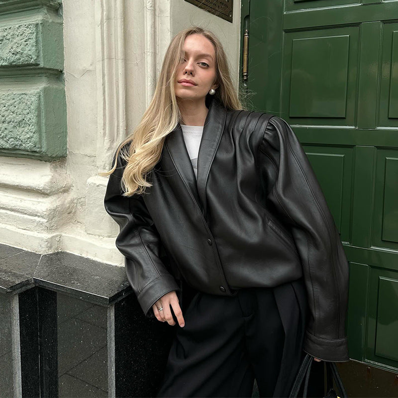 Kvinders mode læder blazer jakke med puffærmer Stilla