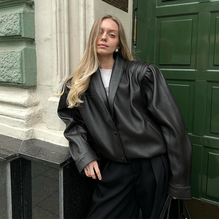 Kvinders mode læder blazer jakke med puffærmer Stilla