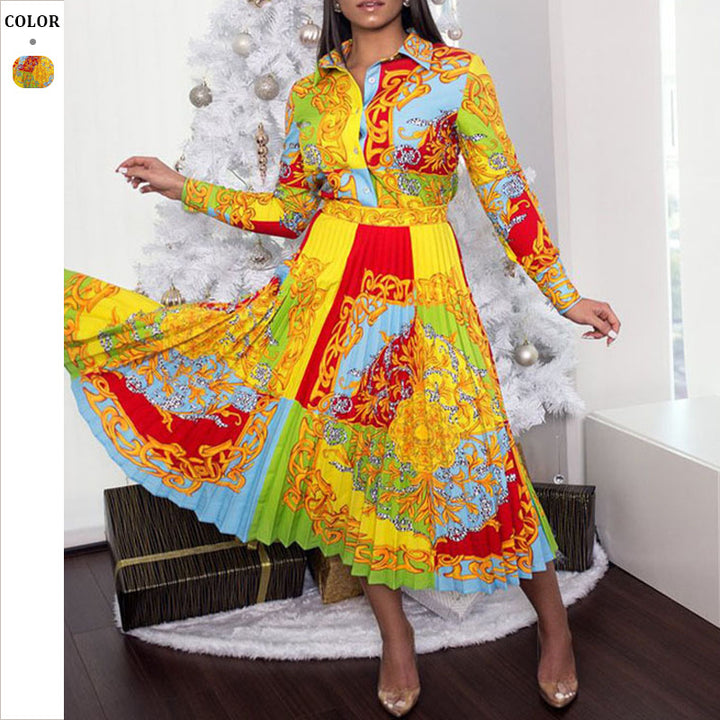 Dame Elegant lang Skjortekjole med farverig print og svajende skørt Stilla