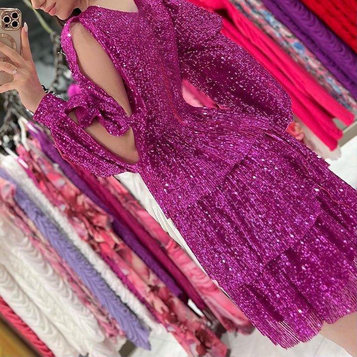 Dame Festligt Glitterkjole med Flæse-Design og Pufærmer Stilla