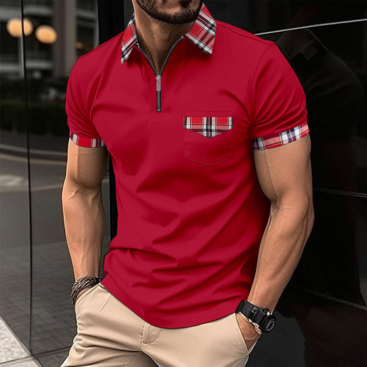Herre Moderne Halv-Zip Polo T-Shirt med ternet Detalje Stilla