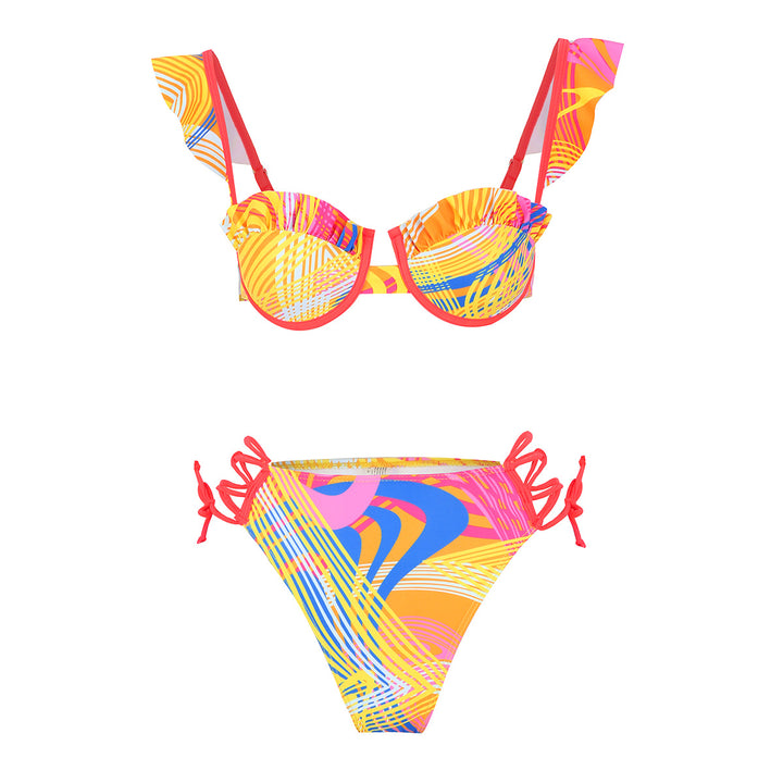 Dame Bikini-sæt med flæsedetaljer og farverigt grafikdesign Stilla