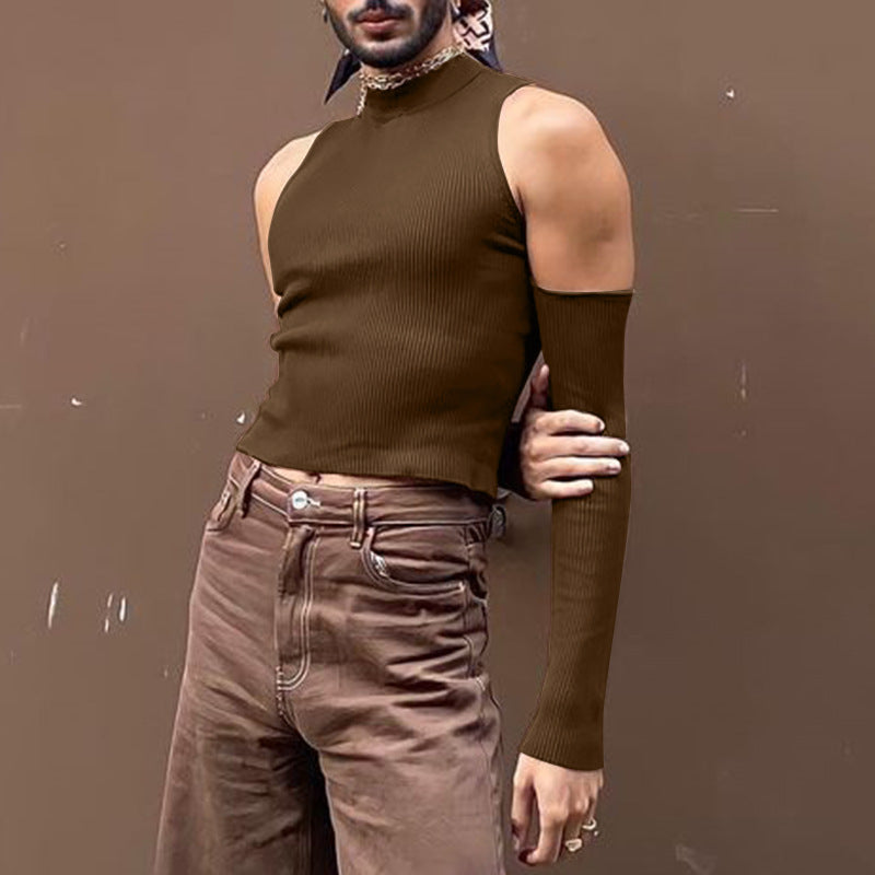 Unisex nan kort ribstrik-overdel med aftagelige armwarmer og skulderfri indsatser Skovae