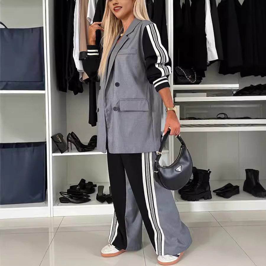 Dame Elegant Blazer- og Bukse-Sæt med sportslige Striber Stiila
