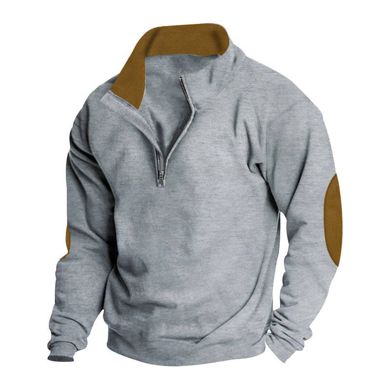 Herrer nan kort lynlås-ståkrave sweater med kontrastkrave og ruskind albue-patches Skovae