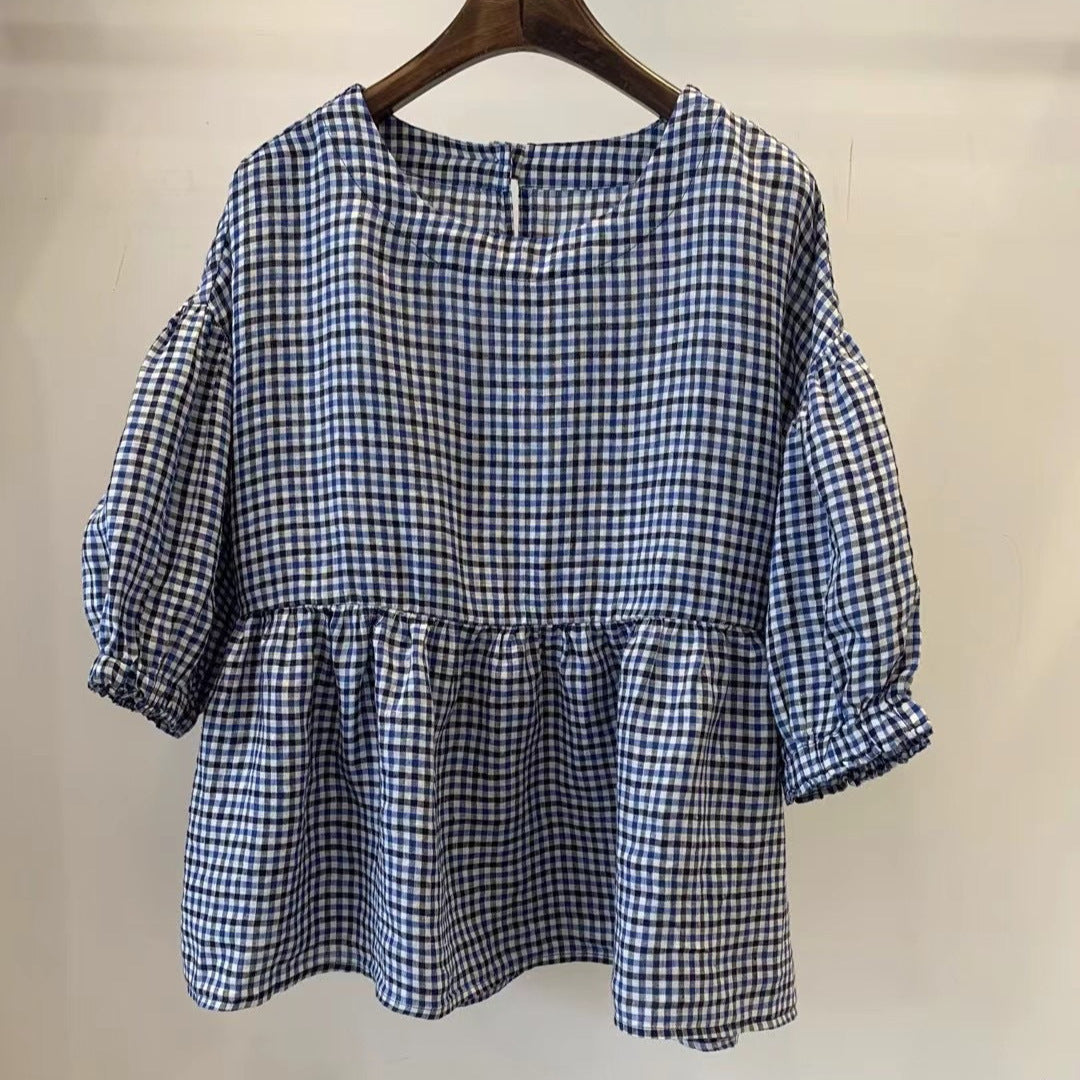 Dame Gingham Peplum-top med pufærmer Stilla