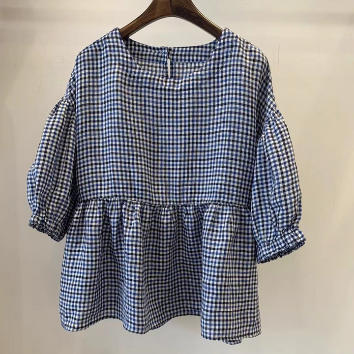 Dame Gingham Peplum-top med pufærmer Stilla