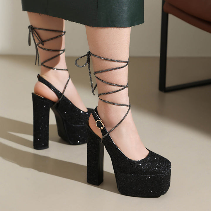 Femme Glitrende Plateau-Highheels med Ankelsløjfe-Detajle Stilla