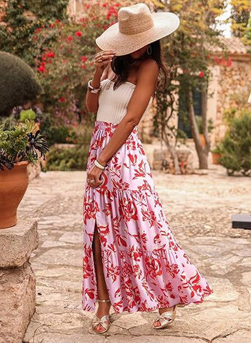 Dame maxiskørt med legende blomsterdesign og sidelids Stilla