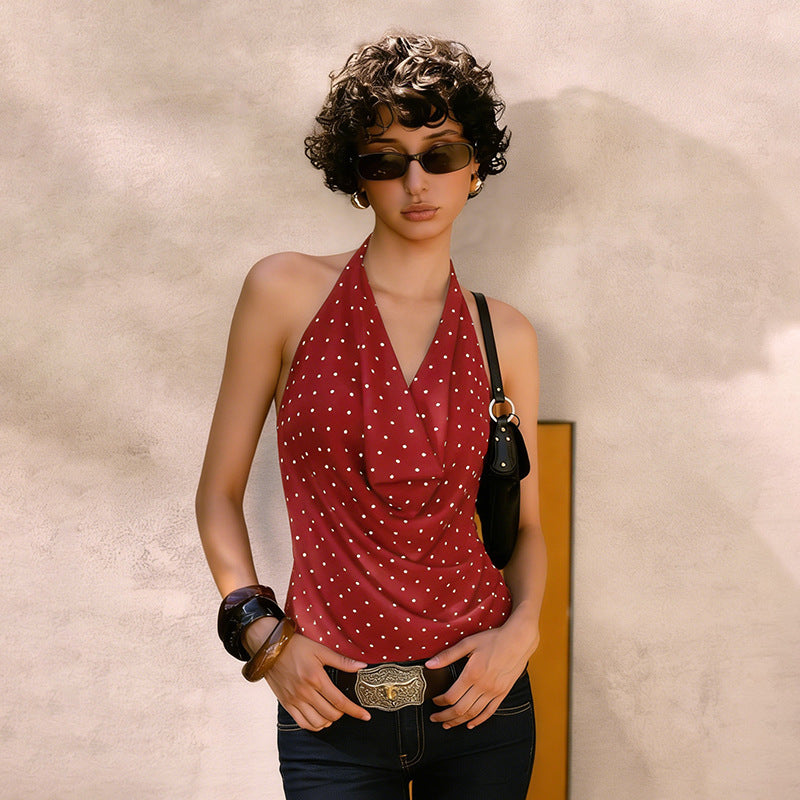 Damen Top mit elegantem Wasserfallausschnitt und Punktedesign Skovae