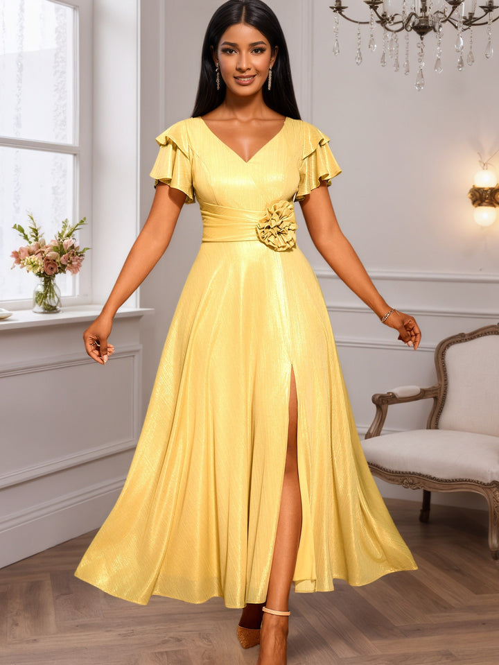 Dame glamourøst aftenkjole med elegant V-udskæring og voluminøse flæsekanter Skovae
