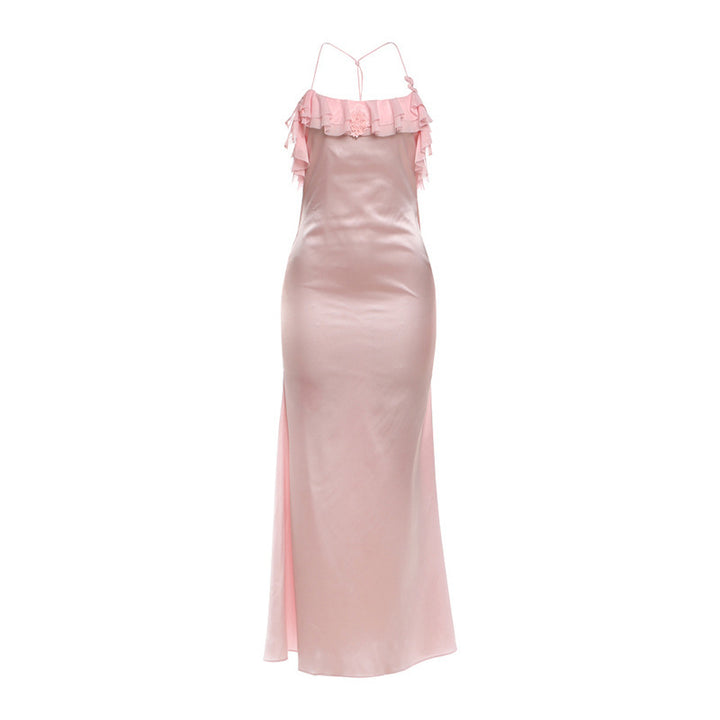 Damen Maxi-Kleid mit eleganten Rüschendetails und tiefem Rückenausschnitt Skovae