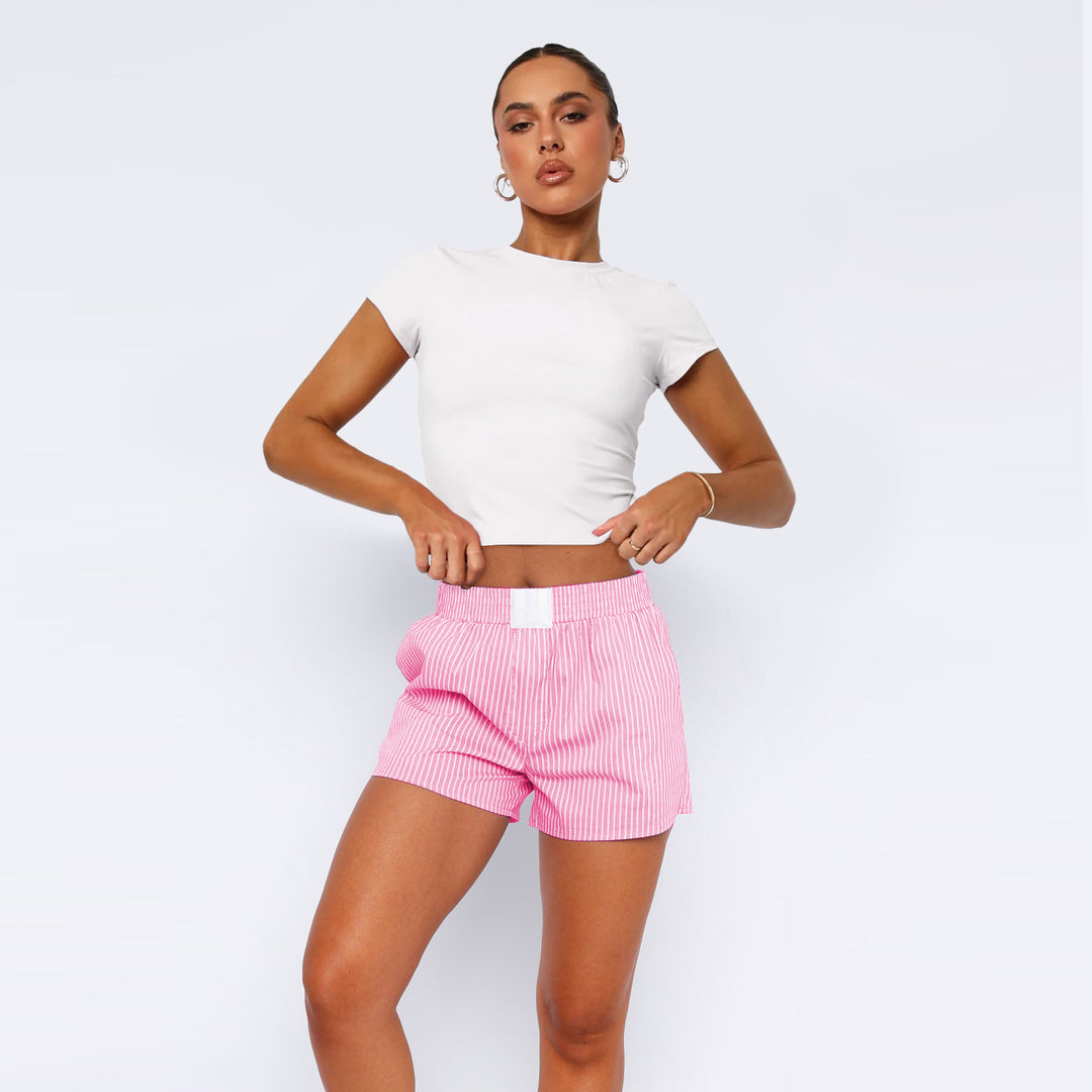 Dame bomulds-shorts med elastisk talje og stribemønster Stilla