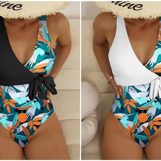 Dame Højtaljet Blomsterprint Wrap One-Piece Badedragt med Binding Detalje Stilla