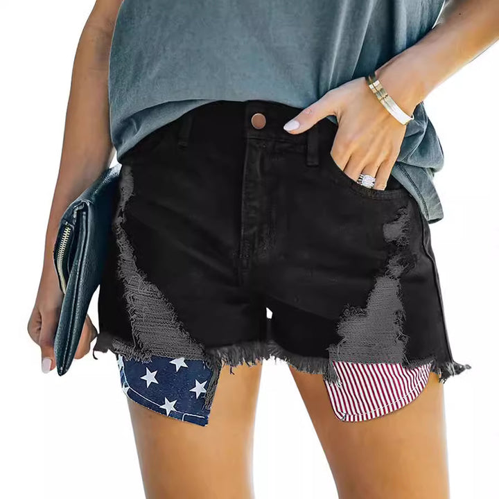 Dame Destroyed Denim-shorts med kreative patch-detaljer Skovae