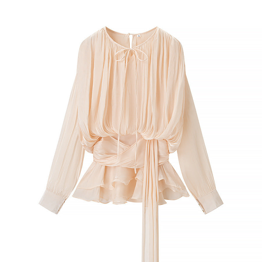 Dame Elegant Bluse med Rynker og Bundet Bælte Stilla