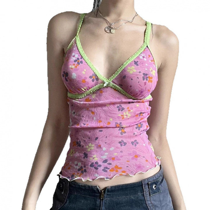 Damen gerafftes Spaghetti-Top mit floralem Muster und feinen Spitzenakzenten Skovae