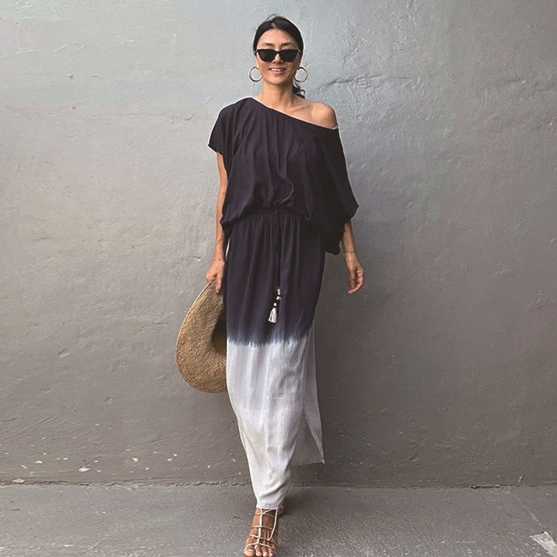Dame Luftig Kaftan Kjole med asymmetrisk Udsnit og Bindebånd Stilla