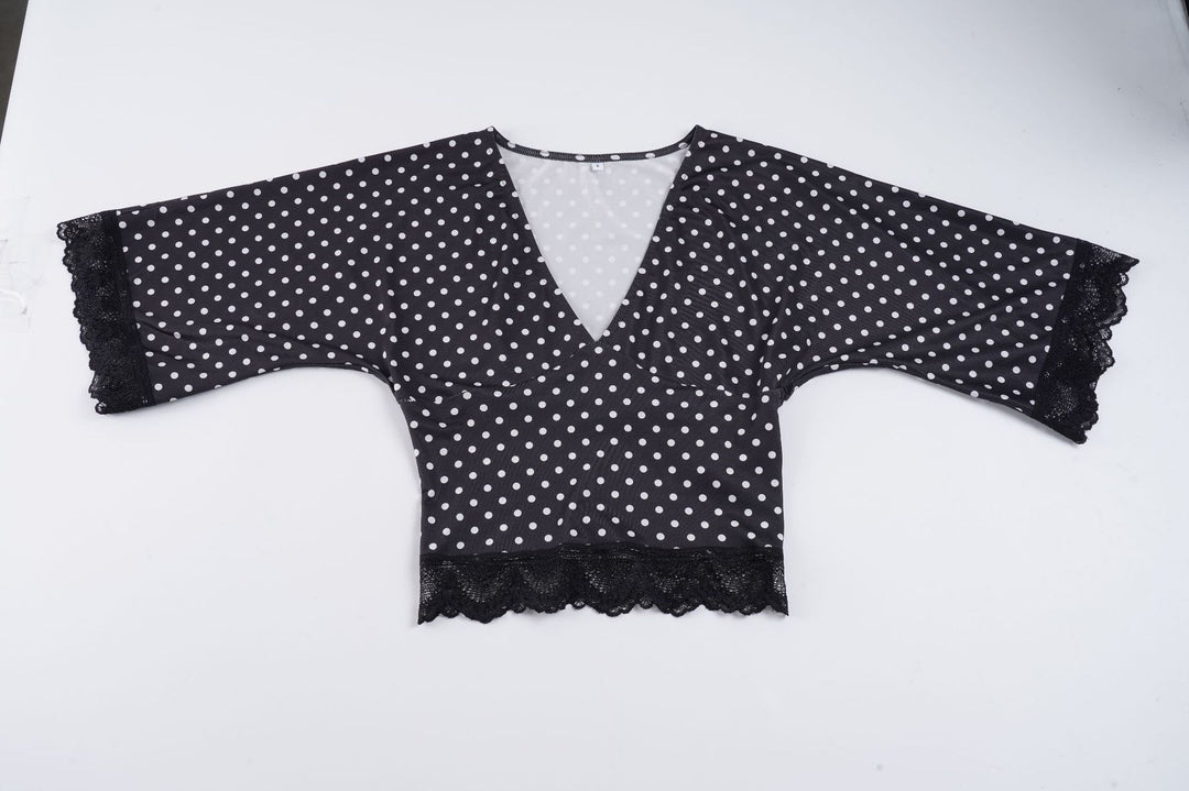 Dame polka-dot bluse skjorte med spidsudsmykning Skovae