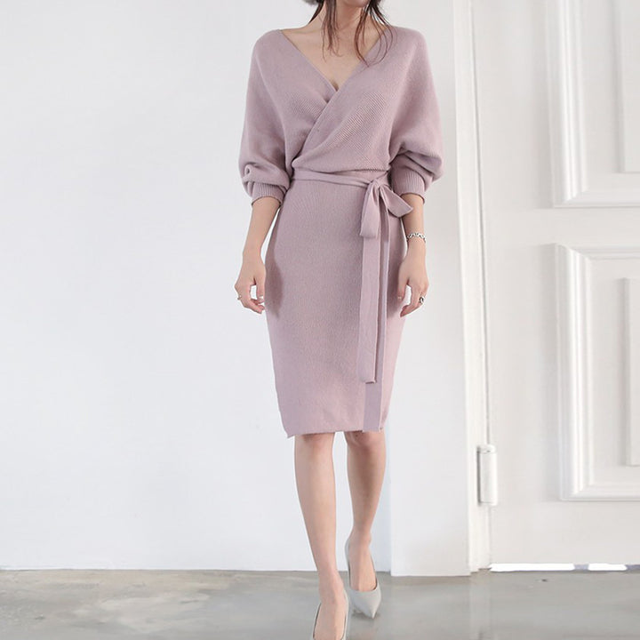 Femme V-hals-strik-midi-kjole Stilla