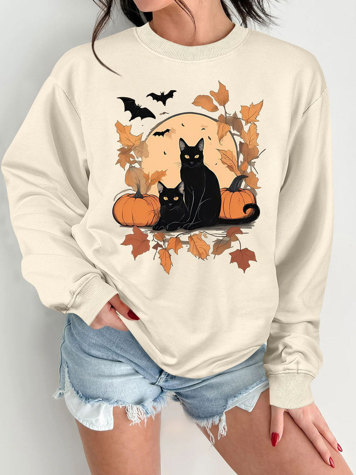 Dame sweatshirt med efterårs kat og græskar design Stilla
