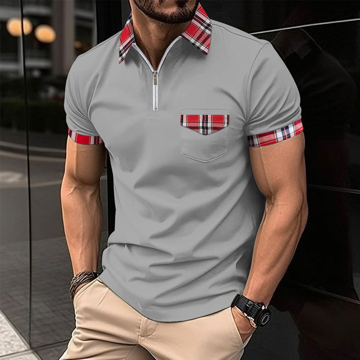 Herre Moderne Halv-Zip Polo T-Shirt med ternet Detalje Stilla