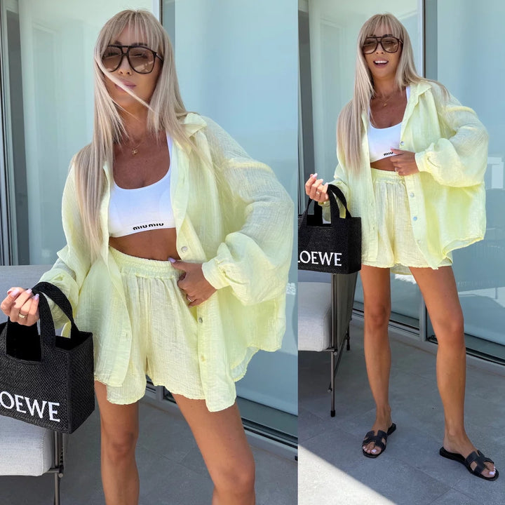 Kvinders Casual Kort Jumpsuit Sæt med Asymmetrisk Top og Elastisk Talje