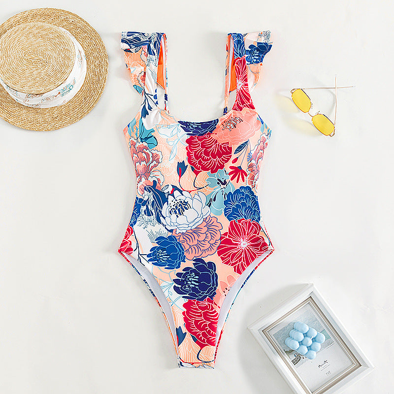 Dame étone badedragt med blomsterprint og ruffles detaljer Skovae