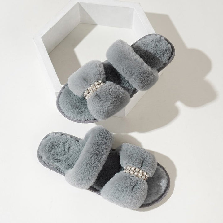 Dame fluffy pantofler med perleakkent Stilla