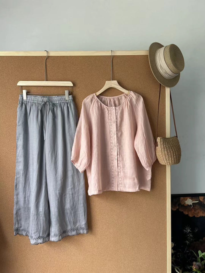 Femme Casual Linned Overdel og Bukser Sæt Stilla